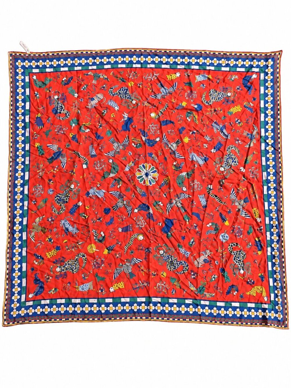 Rumisu Orange Multicolor Animal Floral 100% Silk Square Scarf Made in Istanbul